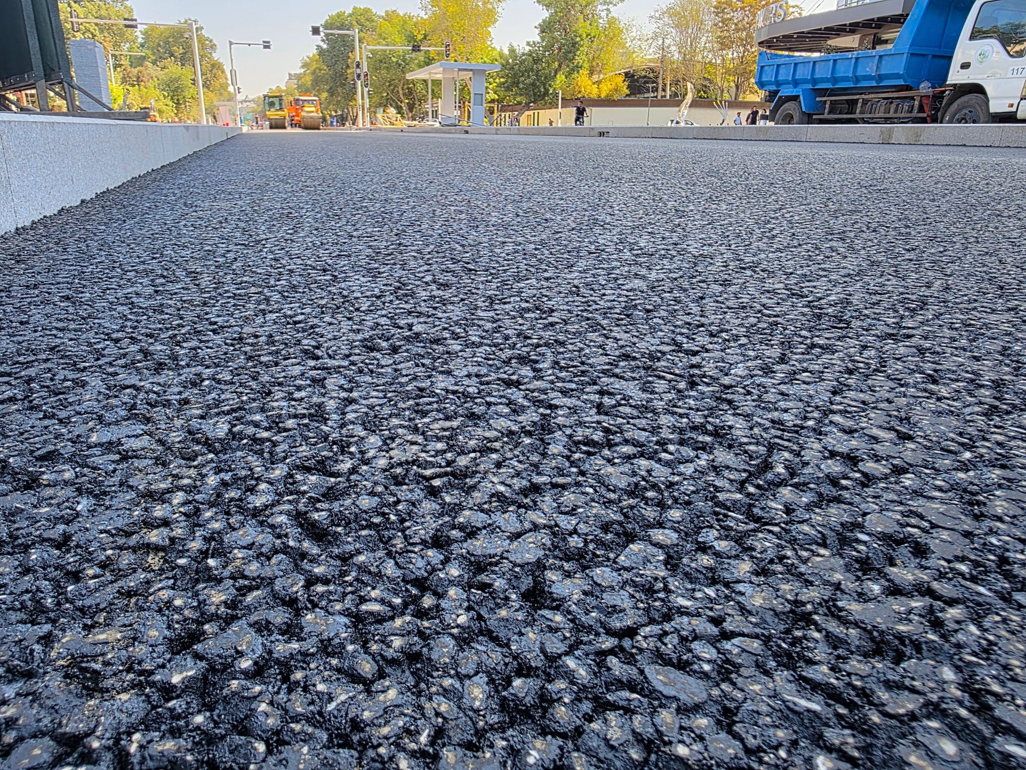 Finished bus lane pavement, close view
