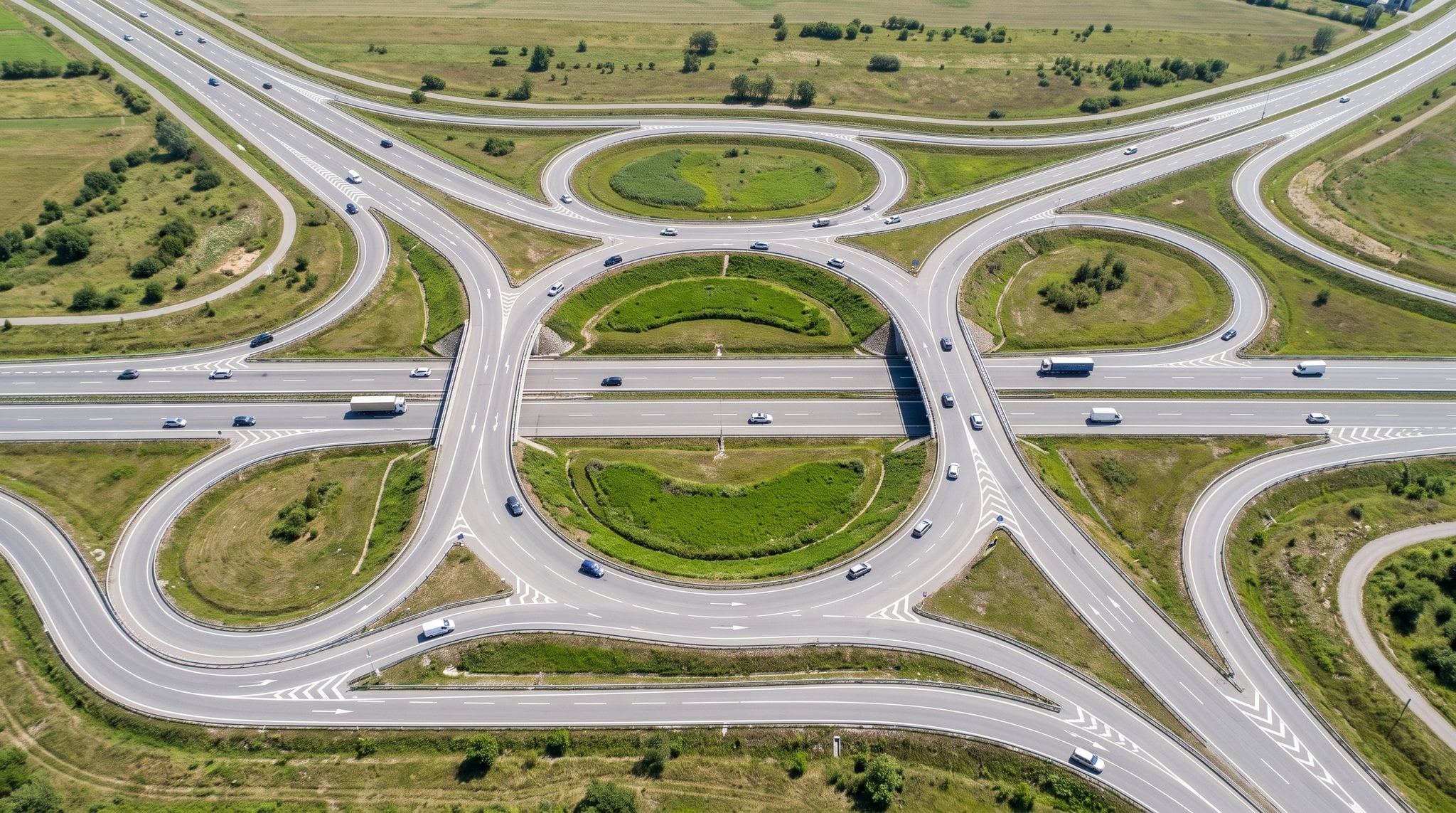 A road interchange from above: loop slip roads, separated carriageways, traffic