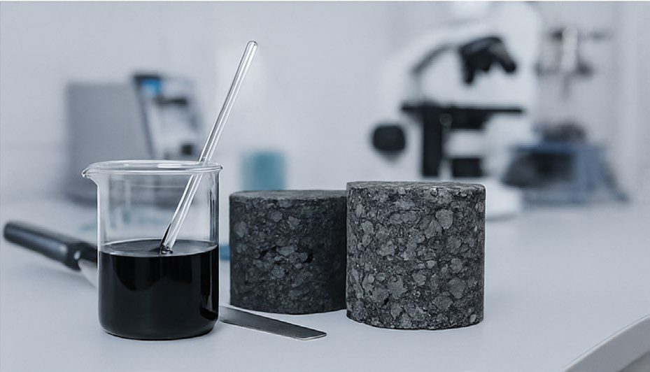 Un vaso con asfalto y dos testigos de mezcla asfáltica en el laboratorio