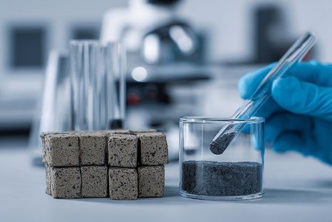 Des cubes d'enrobé et un bécher de granulés d'additif polymère au laboratoire